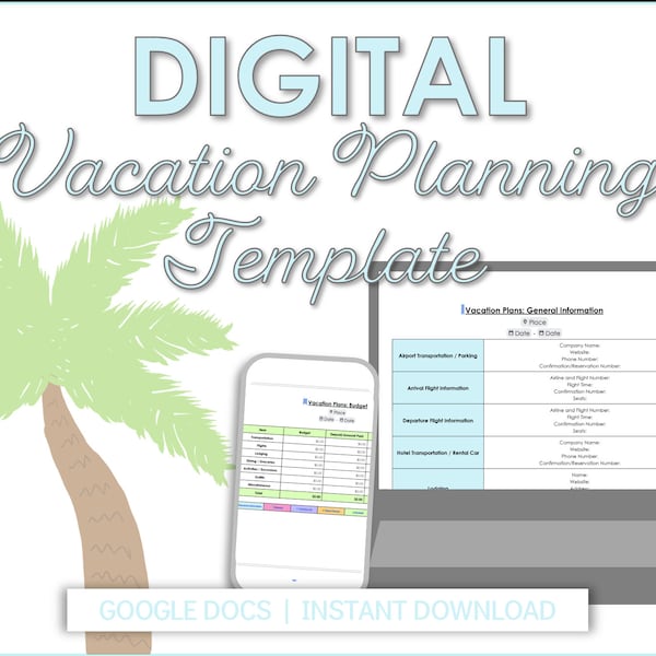 Digital Vacation Planner Google Doc Template, Travel Itinerary, Budget, Meal Plan, Outfit Planner, Packing List, Travel Planning for iPhone