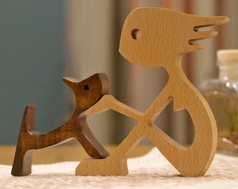 Handcrafted Wooden Woman and Dog Figurine, Minimalist Pet Lover Sculpture, Unique Dog Mom Gift, Rustic Animal Lover Decor for Home