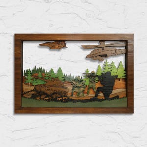 Armee-Schlachtfeld 3D-Holzwandkunst, Militär, Abschied, Abschied, Werbung, Ruhestand, Buntstift-Dekor für Armee-Liebhaber