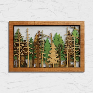 Wild Forest Summer Edition: arte de pared rústico de madera grande hecho a mano para decoración de cabañas, siluetas de árboles en capas, escena de caja de sombras cortada con láser en 3D