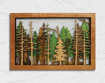 Wild Forest Summer Edition - Handmade Rustic Large Wooden Wall Art for Cabin Decor, Layered Tree Silhouettes, 3D Laser Cut Shadow Box Scene