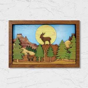 Arte de pared con escena de bosque natural de Markhor de montaña, decoración de vida silvestre de madera hecha a mano, decoración rústica de inauguración de la casa cortada con láser en 3D