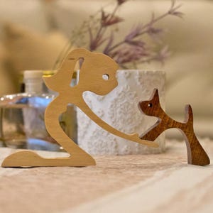 Handmade Wooden Woman and Dog Figurine, Minimalist Pet Lover Gift, Rustic Dog Mom Decor, Animal Lover Sculpture,Home Decor for Dog Owners