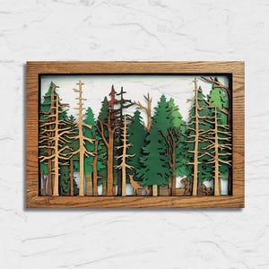 Wild Forest Spring Edition - Ręcznie robiona drewniana sztuka ścienna do salonu, warstwowe sylwetki drzew, 3D wycinana laserowo scena w pudełku cieni