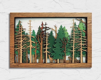 Wild Forest Spring Edition - Handmade Wooden Nature Wall Art for Living Room Decor, Layered Tree Silhouettes, 3D Laser Cut Shadow Box Scene