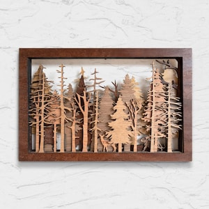 Bosque salvaje - Arte de pared de bosque de madera hecho a mano con siluetas de árboles en capas / Decoración de pared de arte de madera / Escena de caja de sombras de madera cortada con láser 3D