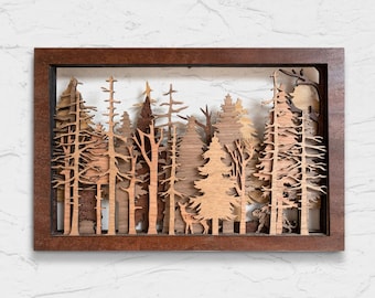 Wild Forest - Handcrafted Wooden Forest Wall Art with Layered Tree Silhouettes | Wooden Art Wall Decor | 3D Laser Cut Wood Shadow Box Scene