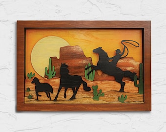 Texan Cowboy and Horse Scene 3D Layered Wooden Wall Hanging, Handmade Silhouettes Western Home Decor, Rustic Texas Themed Housewarming Gift