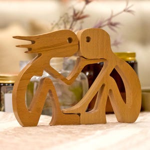 Couple Kissing Handcrafted Wooden Sculpture, Romantic Wood Art Home Decor, Anniversary Gift for Him and Her, Rustic Beechwood Wedding Statue