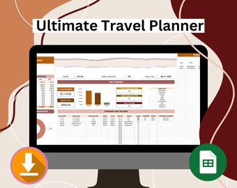 究極の旅行プランナー スプレッドシート | 旅行計画トラッカー Google スプレッドシート | 旅行ショッピング オーガナイザー | 旅行プランナー | 旅行予算財務