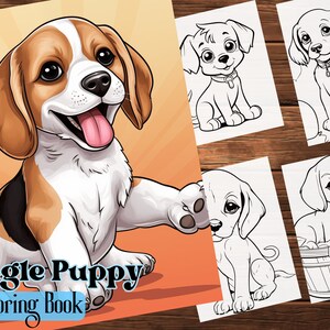 Puede incluir: Un libro para colorear con un cachorro Beagle en la portada. El libro incluye cuatro páginas con ilustraciones en blanco y negro de cachorros Beagle en diferentes poses.