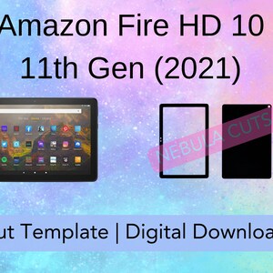 May include: Cut template for an Amazon Fire HD 10 11th Gen (2021) tablet. The template is a digital download and shows the outline of the tablet in black.