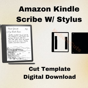 May include: A black and white digital cut template for an Amazon Kindle Scribe with a stylus. The template shows the outline of the Kindle Scribe and the stylus.