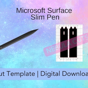 以下が含まれることがあります： Microsoft Surface Slim Pen のカットテンプレート。テンプレートには、グリッドの背景に2つのペンの形が表示されています。