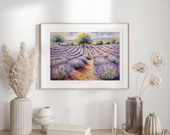 Digital Print Artful |  Lavender Field Watercolor | Provence Lavender Wall Art | Rustic Countryside Décor