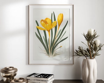 Yellow Crocus Watercolor Print: Botanical Farmhouse Wall Art (Digital Download)