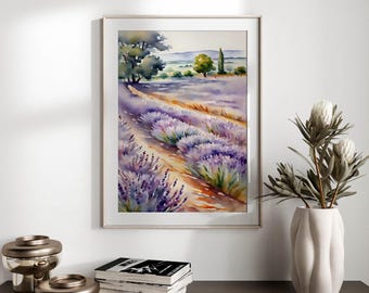 Digital Print Artful |  Lavender Field Watercolor | French Countryside Art | Farmhouse Inspired Print