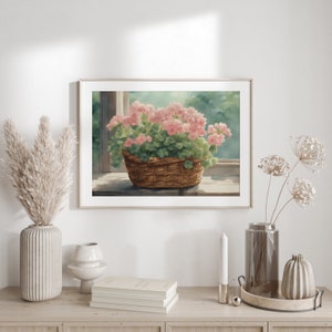 Pink geranium in basket print Watercolor geranium painting Pink flowers print Nature inspiration Cozy home decor Flower artwork