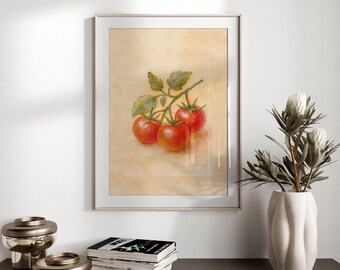 May include: Framed watercolor print of ripe red tomatoes on a vine with green leaves. The artwork is displayed in a silver frame against a beige background. The print is part of a home decor collection.