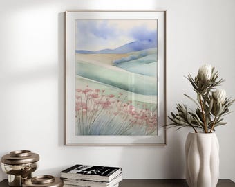 Kunstige digitale print | Gestileerd berglandschap | Boerderij muurkunst | Plattelandskunstwerk