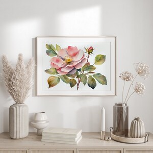 Wild rose watercolor print Botanical print Easter floral painting Floral printable wall art Pink wild rose Pink blossoms Gift ideas
