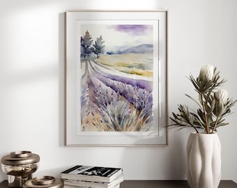 Digital Print Artful | Lavender Field Watercolor | Provence Lavender Wall Art | Rustic Countryside Décor