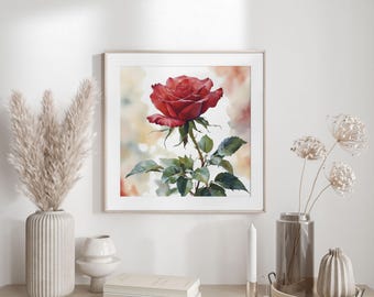 Impressão em aquarela de rosas vermelhas: arte botânica floral (download digital)