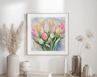 Watercolor Tulip Bouquet Print | Spring Floral Wall Art | Digital Download