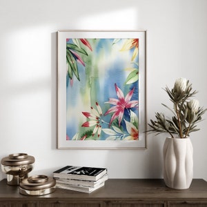 Watercolor tropical flowers print Botanical painting Bright blooms Tropical vibes Floral decor Calming watercolor Floral printable wall art