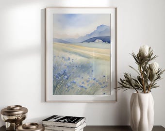 Kunstige digitale print | Gestileerd weidelandschap | Boerderij muurkunst | Plattelandskunstwerk