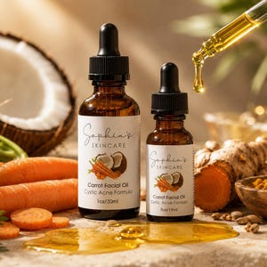 May include: Two amber glass dropper bottles labelled Sophia's Skincare Carrot Facial Oil Cystic Acne Formula, one 30ml and one 15ml. A glass dropper dispenses golden oil above the bottles, surrounded by fresh carrots, coconut, and turmeric root.
