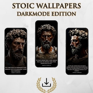 Könnte beinhalten: Drei dunkel gehaltene Handy-Hintergrundbilder mit einer Büste eines Mannes mit Bart und Zitaten von Marcus Aurelius. Die Zitate lauten: "Wer in Harmonie mit sich selbst lebt, lebt in Harmonie mit dem Universum." "Es ist nicht der Tod, den ein Mann fürchten sollte, sondern er sollte fürchten, niemals zu beginnen zu leben." "Wenn dich etwas Äußerliches bedrückt, liegt der Schmerz nicht an der Sache selbst, sondern an deiner Einschätzung derselben, und diese kannst du jederzeit widerrufen."