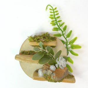 May include: A miniature, two-tiered wooden shelf with a light beige finish, adorned with faux greenery, moss, and a white flower. A sprig of bright green fern-like leaves extends from the top. The shelf is designed to resemble a natural, rustic display.
