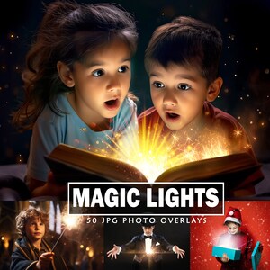 May include: Two children are looking at a book with magical light emanating from it. The book is open and the light is shining brightly. The children are looking at the light with wonder and excitement. The image is a photo overlay for adding magic light effects to photos.