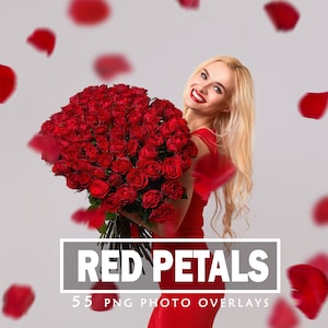 May include: A woman in a red dress holds a large bouquet of red roses. Red rose petals are falling around her. The image has the text "RED PETALS" and "55 PNG PHOTO OVERLAYS" in a white box.
