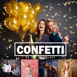 Könnte beinhalten: Zwei Personen stehen Rücken an Rücken, lächeln und schauen in die Kamera. Sie sind von goldenem Konfetti und Ballons umgeben. Der Text "CONFETTI 55 JPG OVERLAYS" ist in weißen Buchstaben auf schwarzem Hintergrund.
