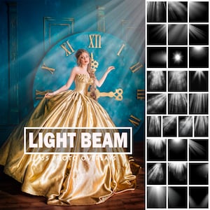 Könnte beinhalten: Eine Frau in einem goldenen Kleid steht vor einem großen Zifferblatt mit römischen Ziffern. Das Bild ist mit "Light Beam 55 Photo Overlays" betitelt.