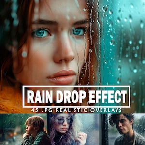 Puede incluir: Una colección de 45 superposiciones realistas de efecto de gotas de lluvia para fotos digitales. Las superposiciones están en formato JPG y se pueden usar para agregar una sensación de día lluvioso a cualquier imagen. La imagen muestra a una mujer mirando por una ventana con gotas de lluvia en el vidrio.