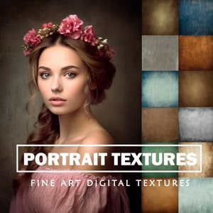 May include: A set of 10 digital textures for portrait photography. The textures are in various colors and have a vintage, grunge look. The text "Portrait Textures" and "Fine Art Digital Textures" is displayed on the image.