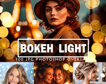 May include: A set of 100 bokeh light overlays for Photoshop. The overlays are in JPG format and feature a variety of warm, golden, and white bokeh lights.  The overlays can be used to add a romantic, dreamy, or festive feel to photos.
