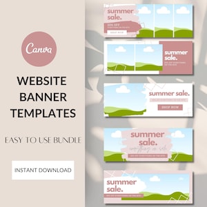 May include: Five website banner templates with a summer sale theme. The banners feature a pink and white background with green hills, white clouds, and the text "summer sale." The text "20% off everything on the site" and "Shop Now" are also included on some of the banners.
