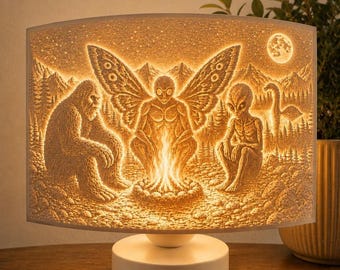 Cryptid Campfire Table Lamp – Mothman Bigfoot Alien Loch Ness Monster LED Light – Paranormal Sci-Fi UFO Decor Gift - Lithophane 3D Printed