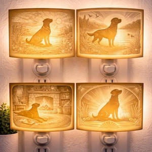 May include: Four decorative night lights with detailed illustrations of a Labrador Retriever in various outdoor and indoor settings. Each night light features a warm, amber glow and a rectangular shade with a dog silhouette.