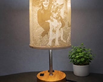 Personalized Photo Lamp - Custom Picture Lampshade Table Lamp - USB Charging & AC Outlet - Wood Base - 3D Printed Lithophane Gift Pets Dogs