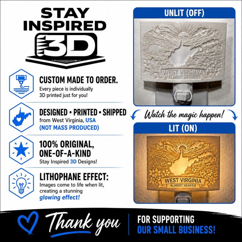 Pode incluir: Uma luz noturna impressa em 3D com um design de litofania da Virg&iacute;nia Ocidental, apresentando um urso, um trem e montanhas. O produto &eacute; exibido em dois estados: desligado, como um relevo branco texturizado, e ligado, emitindo um brilho quente.