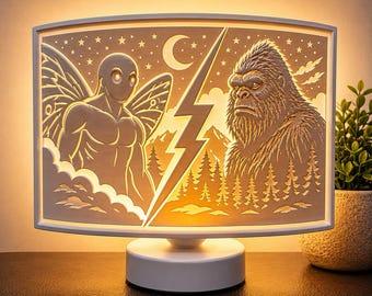 Mothman vs Bigfoot Lithophane Table Lamp – Cryptid LED Light – Paranormal Sci-Fi Decor – Sasquatch Moth Man Gift – Lithophane 3D Printed