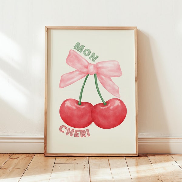 Trendy Pink Bow Wall Art Cherry Print Preppy Poster Girly Wall Art Mon Cheri Poster Dorm Decor Coquette Room Decor Digital Download