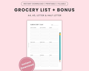 Grocery List and Inventory List, Grocery List Printable and Fillable, Inventory List Printable and Fillable, Grocery Shopping List