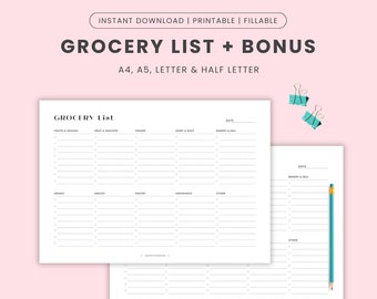 Grocery List and Inventory List Landscape, Grocery List Printable and Fillable, Inventory List Printable and Fillable, Grocery Shopping List