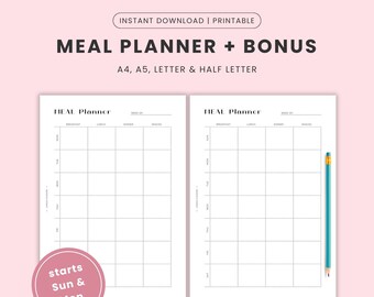 Meal Planner Printable and Grocery List, Weekly Meal Planner and Shopping List, Family Meal Planner, Meal Prep, Meal Plan Template